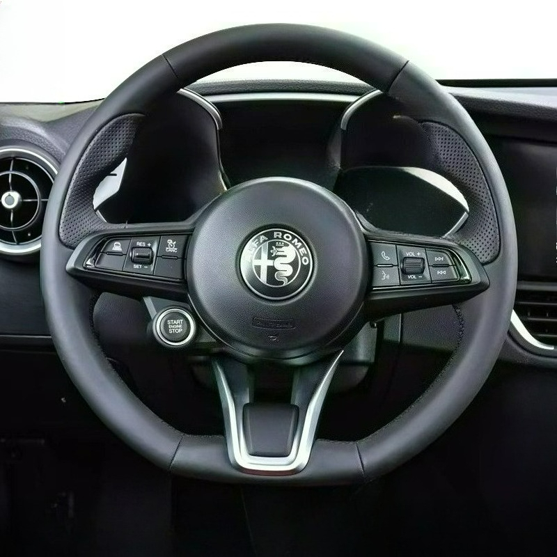 Leather Cleaner Interior - 手縫いリノベーション滑り止め耐摩耗性ブラックレザーカーステアリングホイールカバー アルファロメオ ステルヴィオ ジュリア 2020-2022用