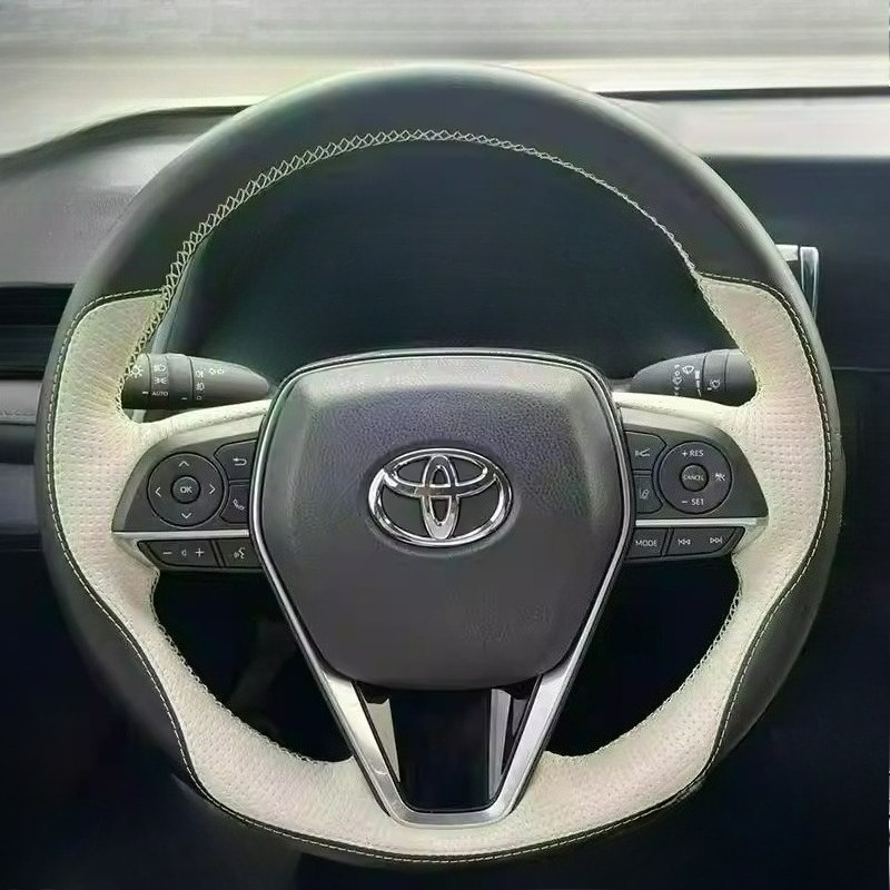 手縫いの黒白レザーカーステアリングホイールカバー トヨタ ア - Leather Cleaner Interior のレビューと価格